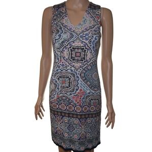 Karen Kane Womens Small Paisley Medallion V-Neck Sleeveless Sheath Dress